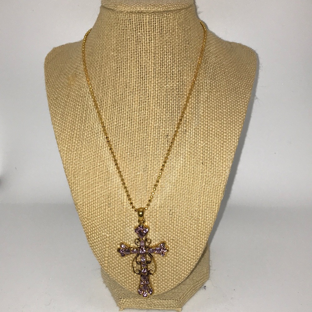 Purple encrusted cross necklace gold costume